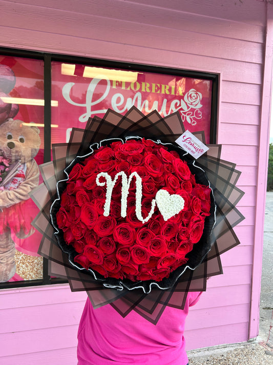 75 roses with Letter filled with baby's breath